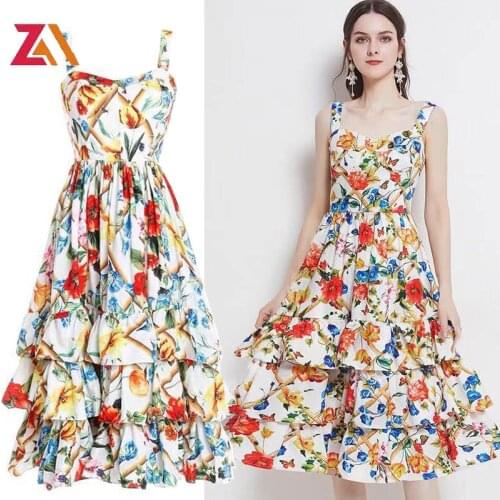 ZALady Designer Runway Party Evening Midi Dresses Womens Classy Floral Printed Ruffles Spaghetti Strap Summer Woman Dress Robe