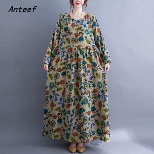 Anteef long sleeve cotton vintage floral dresses for women casual loose woman summer spring autumn dress elegant clothing 2021