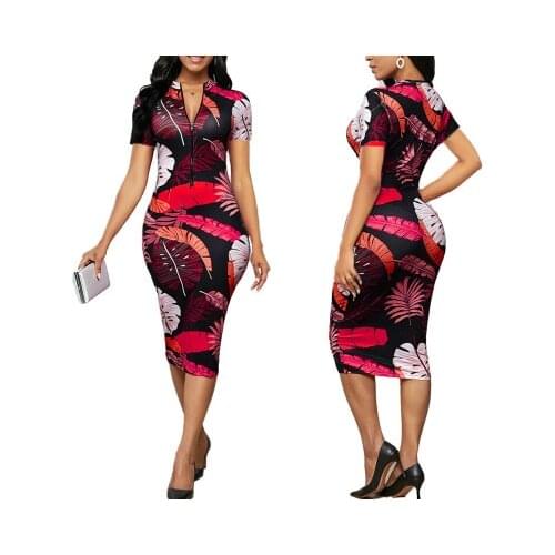 3XL Womens V-neck Sexy Slim Printed Dress Ladies Tight-fitting Pullover Zipper Short-sleeved Hip Dress Summer Harajuku Dresses