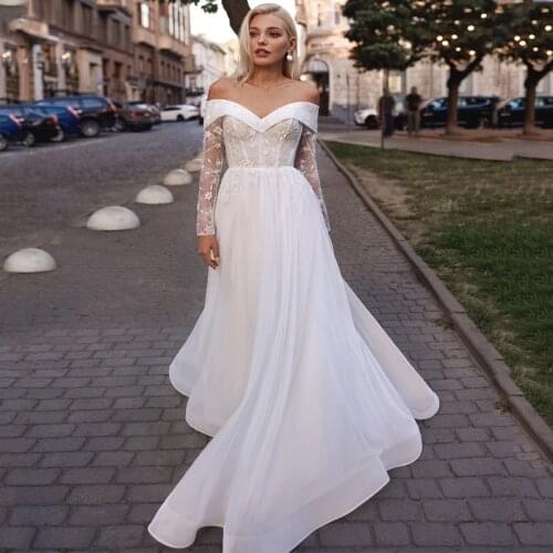 Sweetheart Long Sleeve Applique Lace Up Shiny Layer Tulle A-Line Wedding Dress 2021 Vestido De Noiva Bridal Gown