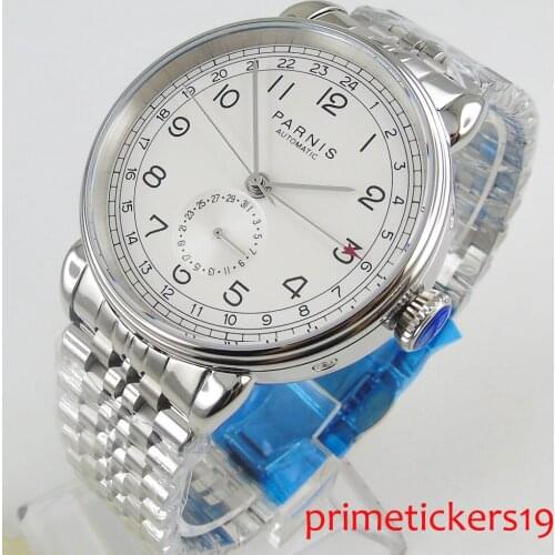 PARNIS white dial 42mm luxury men watches date stainless steel strap 24 hours indicator wristwatch 1276