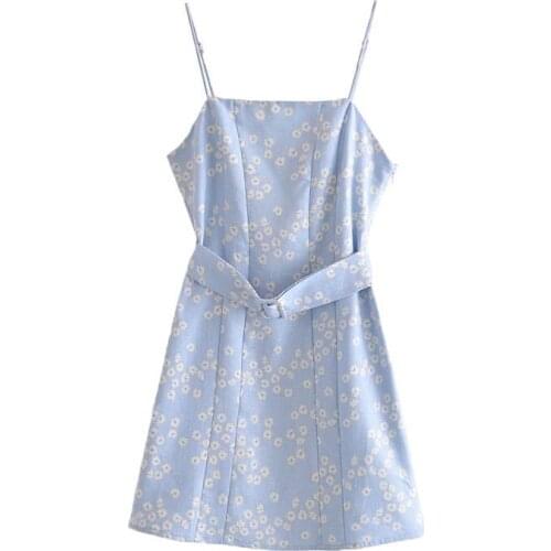 DOUJILI Fashion Women Dress Sleeveless Backless White Flower Printing With Belt Blue Dress For Summer Dressing