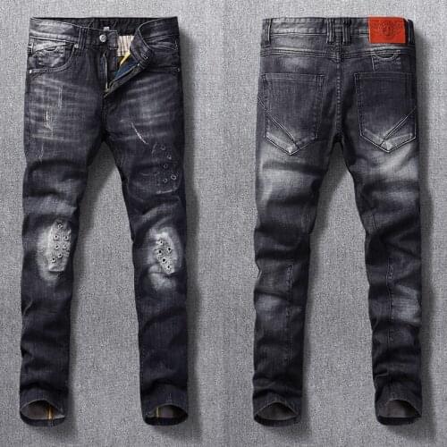 Fashion Streetwear Men Jeans High Quality Retro Black Gray Slim Fit Ripped Jeans Men Destroyed Designer Hip Hop Denim Punk Pants