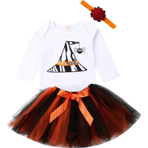 Emmababy Newborn Infant Baby Girl 3pcs Clothes Romper Top Halloween Bow Tutu Skirt Outfit