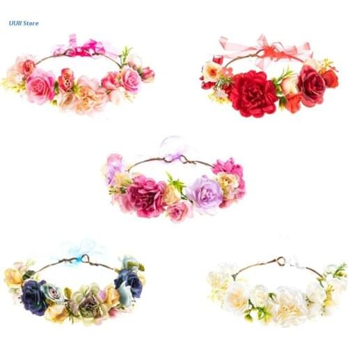 Simulation Multicolor Bloomy Rose Floral Crown Hair Wreath Bridal Wedding Flower Headband Boho Garland Halo Headpiece
