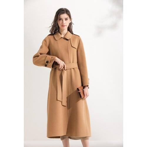 Camel temperament cashmere wool coat womens medium long 2021 double-sided tweed coat small slim over the knee