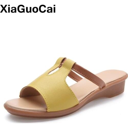 2020 Summer Women Slippers Big Size Womans Sandals Open Toe Leisure Wedges Female Slides High Quality Leather Female Shoes