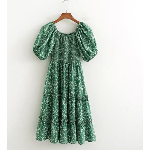 Hot summer floral print dress short sleeve elastic waist mid-length dress sweet girl party dress