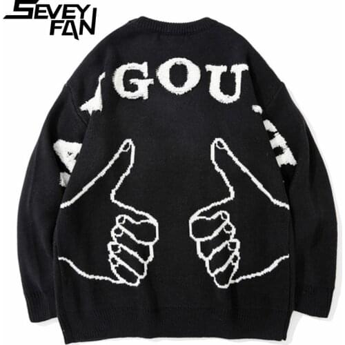 SEVEYFAN Mens Cartoon Gesture Jacquard Sweater Hip Hop Loose O Neck Cotton Pullover Knitwear for Couples