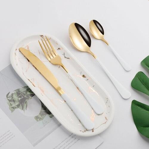 4Pcs White Gold Stainless Steel Cutlery Tableware Set Dinnerware Dinner Flatware Set Travel Forks Knives Spoons Set Silverware