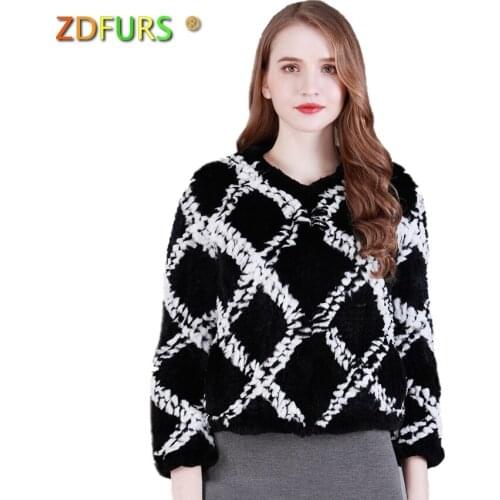 ZDFURS * New real knitted rex rabbit fur coat winter hand made fur jacket short style gird fashion women pink blue ZDKR-165020