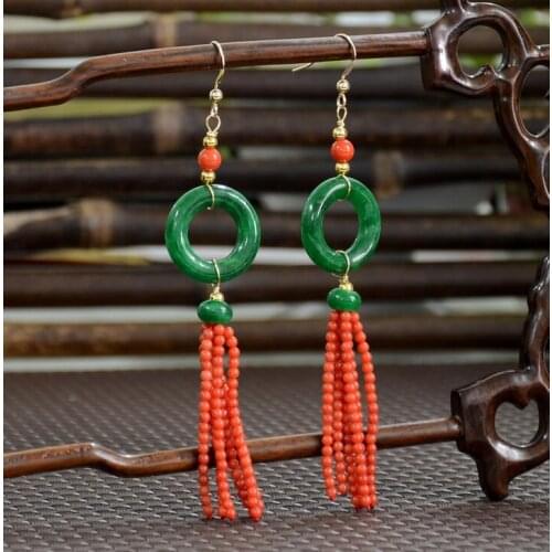 Original Jadeite Dry Blue Jade 14K -R Golden Liusu Chinese Cheongsam Ethnic Style Earrings