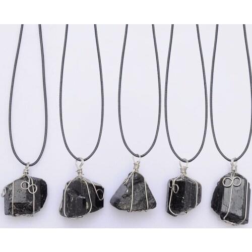 Punk Jewelry Black Irregular Energy Natural Raw Tourmaline Stone Necklace Pendant Wire Wrap Leather Cord Choker Necklace