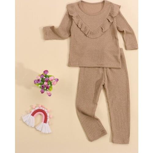 4 Colors Kids Girls Casual Daily Outfits Ribbed T-shirt and Trousers Suit Solid Color Ruffles Long Sleeve Tops+Long Pants 2-6T