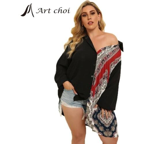 Spring Autumn Sexy Printing Patchwork Shirts Women Luxury Ladies Blouse Ethnic Style Loose Fashion Tops Female Plus Size No Belt
