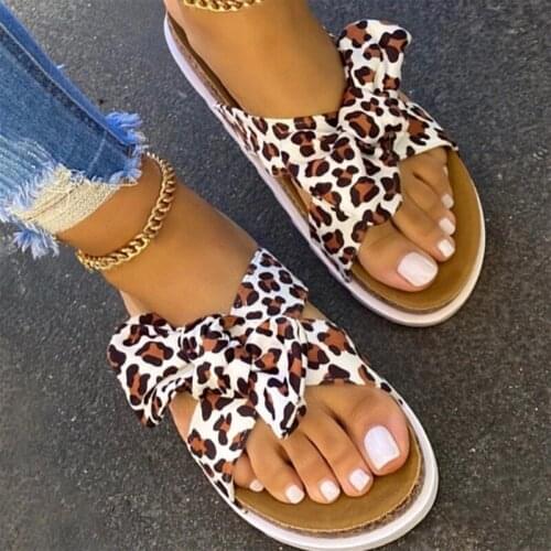 Women Sandals Summer Silk Bow Flat Shoes Ladies Beach Shoes Leopard Slipper Outdoor Fashion Student Home Casual Slippers 35-43