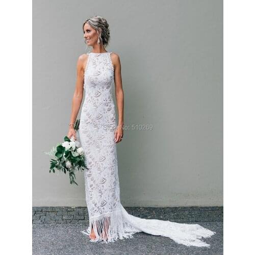 Cornaboutik Bohemian Mariage Wedding Dress Stretch Lace Boho Bridal Gowns Exotic Tassels Custom Size Sleeveless Open Back