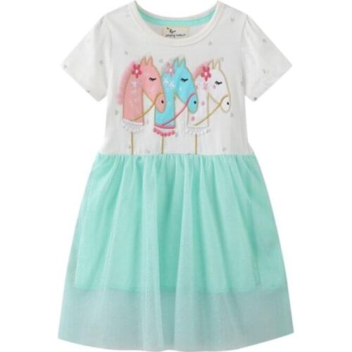 Princess Party Tutu Dresses With Beading Unicorn Cute Baby Mesh Clothes Short Sleeve Kids Frocks Toddler Dress