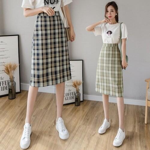Womens Plaid Mid-length Skirts 2021 Spring & Summer New Fashion A-line Straight Midi Skirt Sexy Hip Skirt for Young BSQ344