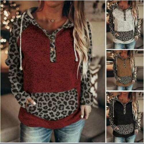 HAOOHU Women Sweatshirt Long Sleeve Leopard Print Patchwork Hooded Harajuku Hoodies Oversized Pullover With Pocket Top