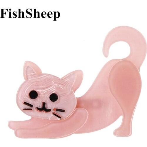 FishSheep Lovely Acrylic Cats Brooches For Women White/Pink Resin Cat Animal Brooch And Pins Badges Gifts 2020 Clothes Jewelry