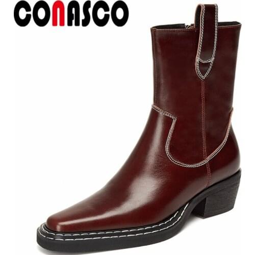 CONASCO Brand Design Women Ankle Boots Autumn Winter Warm Cow Leather Causal Prom Office Lady Working Boots Motorcycle Woman
