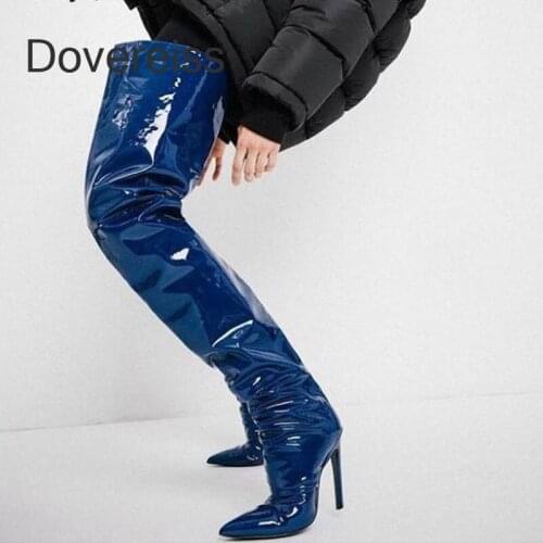 Winter For Woman New Fashion Sexy Stilettos Heels Pure Color Blue Pointed toe New Over the knee boots Chunky Heels 45 46 47