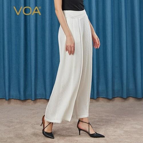 VOA Silk 22m/m Jacquard Silk Women Bottoms Pants Yuke Pleat Stitching Oblique Pocket Open-line Decorative Wide-leg Trousers KE37