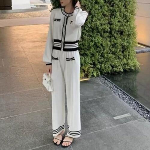 Autumn Casual Tracksuits Knitted Women Button Cardigan Top+Hit Color Wide Leg Pants Striped Two-Piece Sets Women Sweater Suit