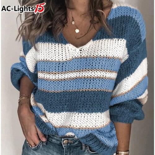 V-neck Knitted Sweater Winter Women Swaeter Striped Plus Size Long Sleeve Tunic Christmas Cashmere Jumper Harajuku Pullover Top
