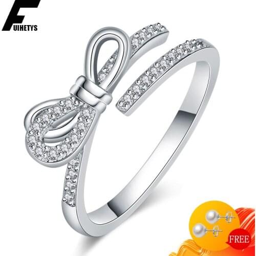 Fashion Ring for Women 925 Silver Jewelry with Zircon Gemstone Bowknot Shape Wedding Bridal Party Open Finger Rings Accessories