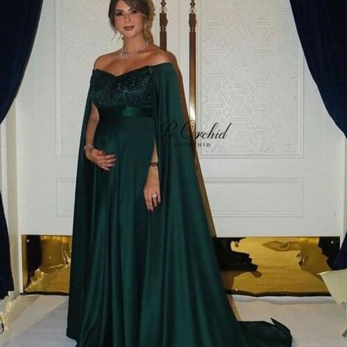 PEORCHID 2020 Emerald Green Pregnant Women Evening Dresses With Cape Sequin Beaded Elegant Prom Gowns Vestidos Longo Para Festa