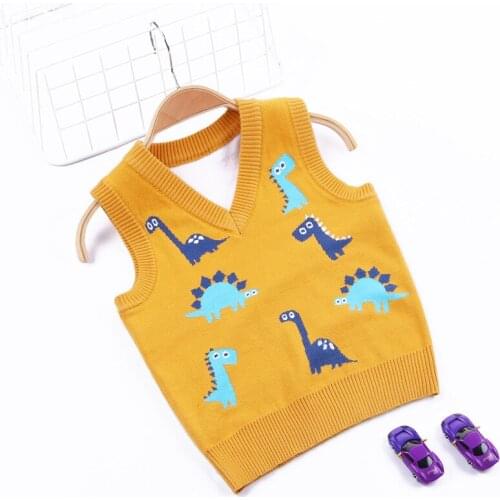 2021 New Boys Cartoon Dinosaur Vest Kids Small Dinosaur V-neck Fashion Childrens Sweater