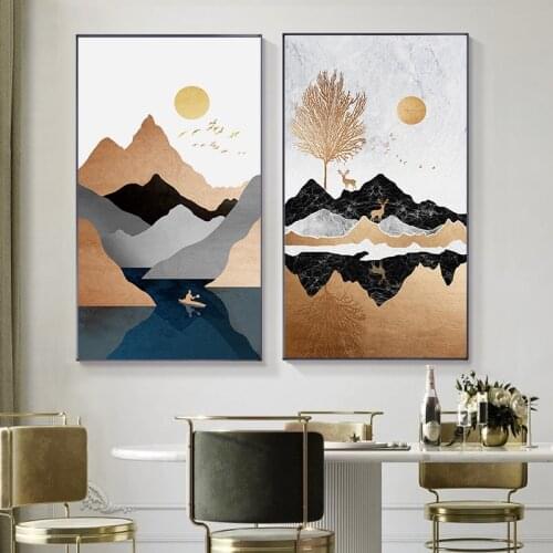 Abstract Mountain and Sun Canvas Poster Fashion Golden Landscape Print Wall Art Painting for Living Room Nordic Home Decoration