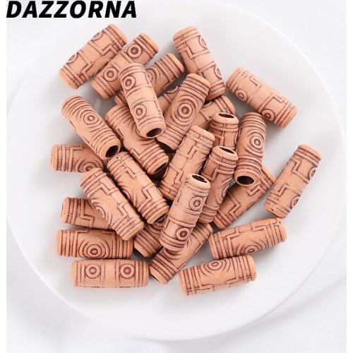 50Pcs Wood Color Long Tube Big Holes Pattern Acrylic Wooden Beads For Jewelry Making Handmade DIY Necklace Bracelet Accessories