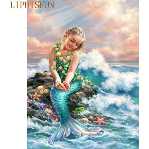 Diamond Painting Cross Stitch Full Square Round Picture of Rhinestone DIY Mosaic Embroidery Mermaid River New Year Gift