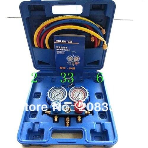 Free Shipping VMG-2-R410a Manilfold Pressure Gauge With hand-crarry plastic case,R410A, CE Approved, 3 pcs charging hoses