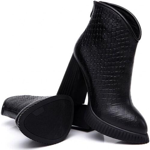 Embossing Genuine Leather Cowhide Autumn Winter Womens High Top Boots Pointed Toe Thick Bottom Back Zip Female High Heel Boots