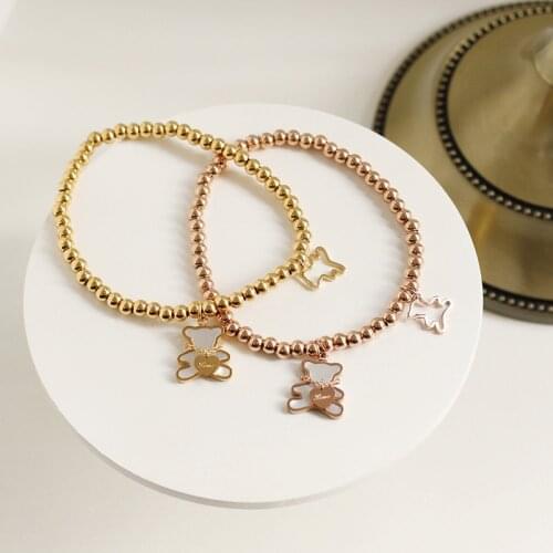 Round Beaded Bracelets For Women Stainless Steel Animal Cute Bear Pendants Trendy Plated Gold Bracelet Fashion Jewellery Gift