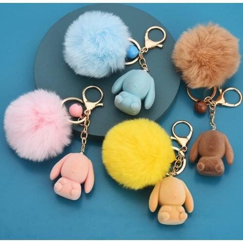 Cute Cartoon Rabbit Fur Keychain Creativity Animal Doll Pendant Kids Like Grid Bear Key Ring Women Bag Decoration Accessory Gift