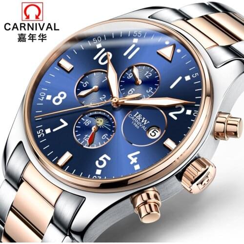 Carnival Sapphire Automatic Mechanical Watch Men Stainless steel waterproof blue multifunction Watch relogio feminine