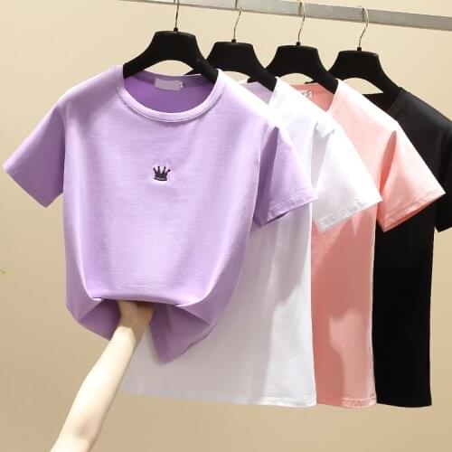 Gkfnmt Tees T-Shirt Woman Casual Summer Tshirt Femme 2021 Short Sleeve T Shirt Women Cotton Slim Embroidery Pink Purple Tops