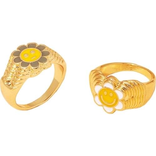 2021 Ins Gold Flower Enamel Sunflower Smile Finger Band Rings Trendy Korean Fashion Women Chic Party Jewelry