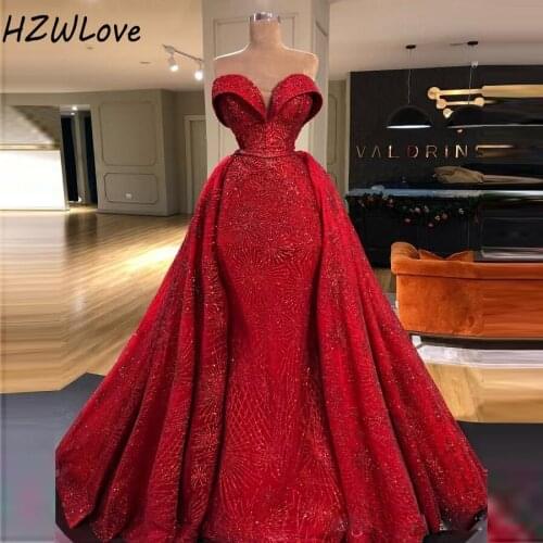 Red Overskirts Evening Dresses Shiny Appliques Sweetheart Mermaid Prom Dress Back Zipper vestidos de Plus Size Celebrity Gowns