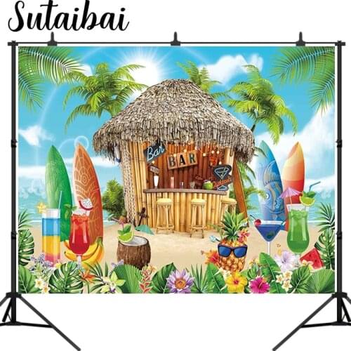 Summer Tropical Aloha Beach Backdrop Luau Seaside Bar Palm Tree Leaf Floral Surfboard Photography Background Baby Shower Banner