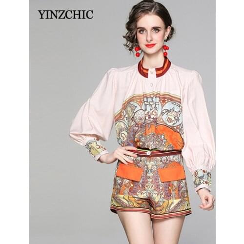 Summer New Woman Casual 2pcs Suit Ethnic Printed Female Blouse Pants Sets Long Sleeve Shirt + Short Pants Suits Travel Party