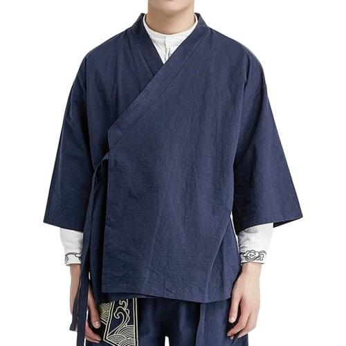 2021 Summer Chinese Style Linen Jacket Hanfu Men Costume Suit Loose Large Size Cotton Linen Retro Style Tang Suit Robe Male