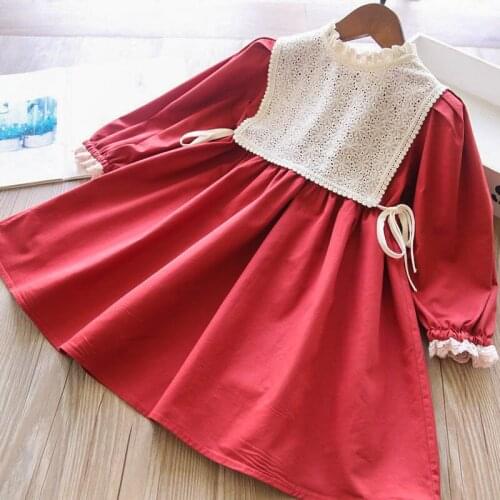 Girls solid color cotton long sleeve dress and lace vest children dresses wholesale