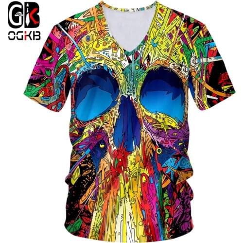 OGKB V-neck Tshirt Women/men Cool Print Colored Skulll 3D T-shirt Terror T Shirts Unisex Slim Fit Short Sleeve Casual Tees 7XL