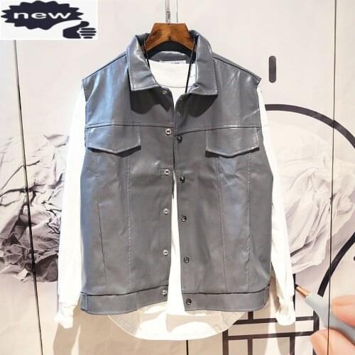 Autumn Men Loose Sleeveless Jacket Fashion Single Breasted Leather Waistcoat Street Pocket Solid Color Biker Motorcycle Vest